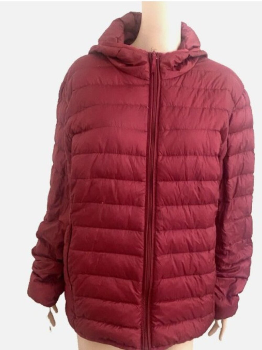 WANTDO Packable Down Filled Puffer Jacket Full Zip Pocket Hoodie Burgundy XXL